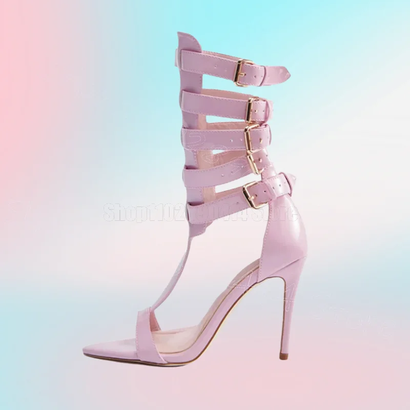 รองเท้าส้นสูงแบบเปิดนิ้วเท้า ดีไซน์หัวเข็มขัดสีชมพู สายรัดแบบหัวเข็มขัด รองเท้าผู้หญิง ส้นบาง สำหรับงานปาร์ตี้ งานเลี้ยง ออกเดท ปี 2025 รองเท้าผู้หญิง