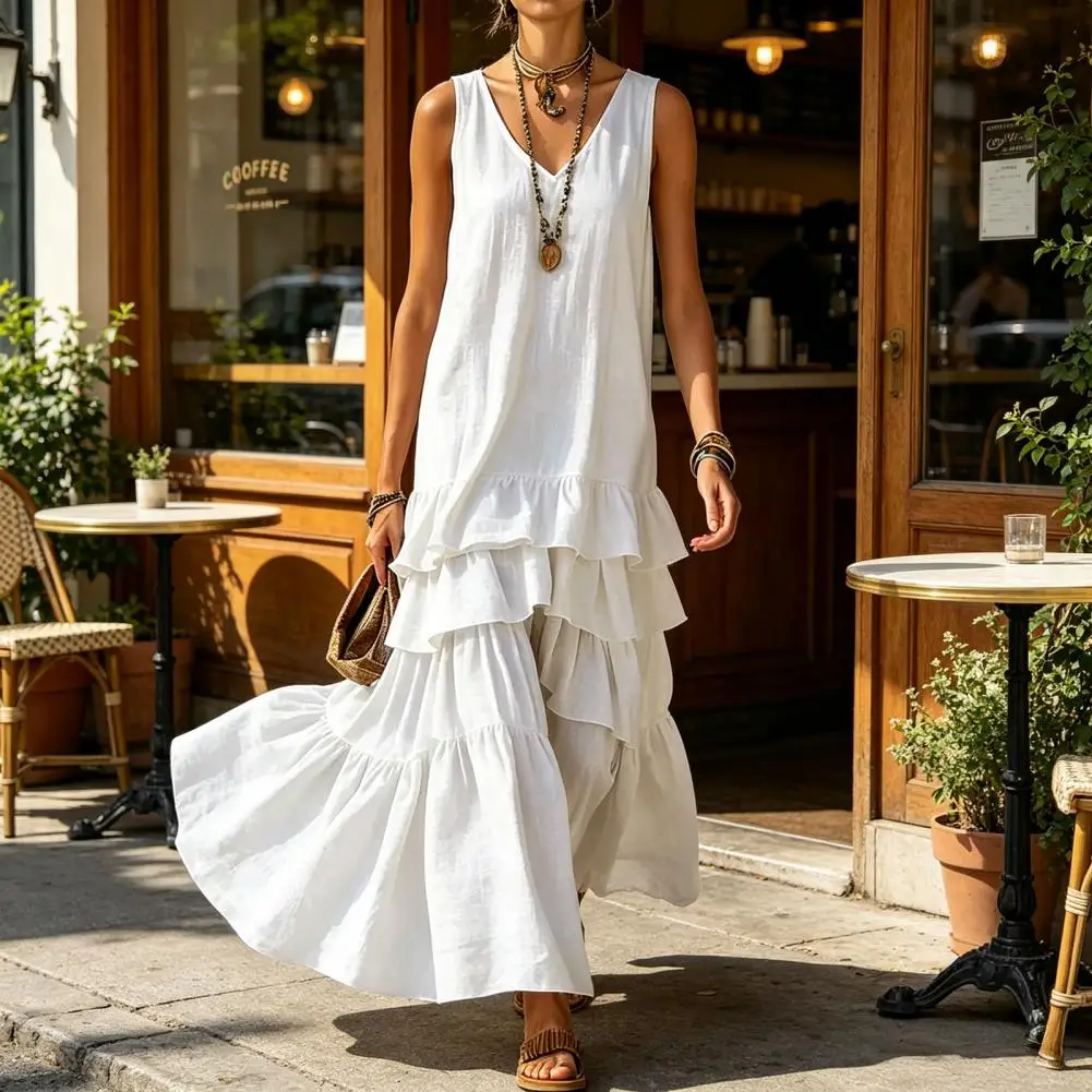 Summer Women's Sleeveless Maxi Dress V Neck Tiered Ruffle Loose Flowy Beach Sundress Casual Long Tank Dress Vacation Daily Wear - view 2