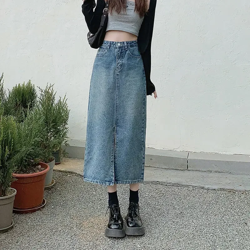 2023 Spring/Summer New Split Denim Skirt Retro Design Mid Length Slim Fit Half Skirt High Waist Slim Wrap Hip Korean Style