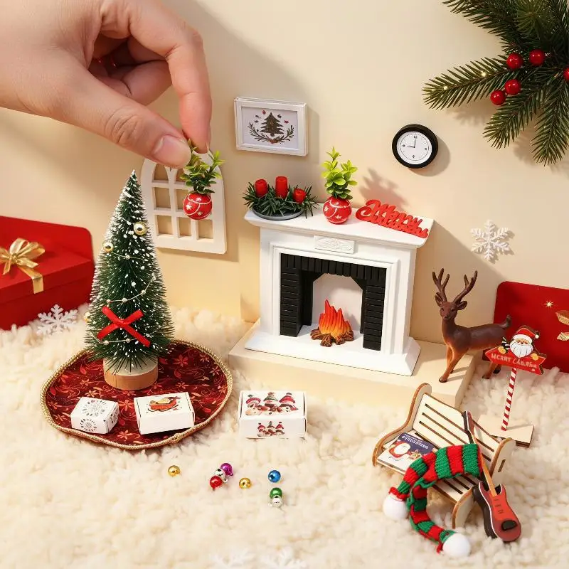 Portable Mini Christmas Scene Ornament Kit Miniature Dollhouse Xmas Tree Fireplace Model for Home Desktop Decor Gift