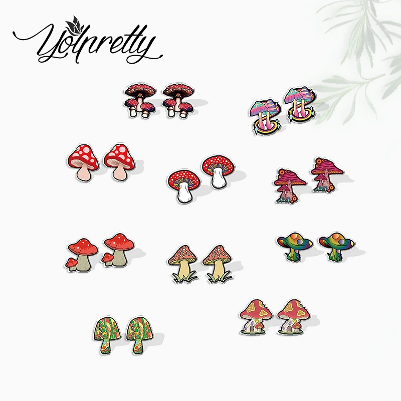 2022 New Arrival Cute Cartoon Plant Mushroom Colored Graffiti Epoxy Stud Earrings Handcraft Acrylic Resin Earrings