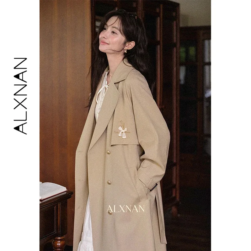 ALXNAN Khaki Mid Length Windbreaker for Women Embroidered Bow Design Long Trench Coat Trend 2026 Fall Casual Thin Coat L57013