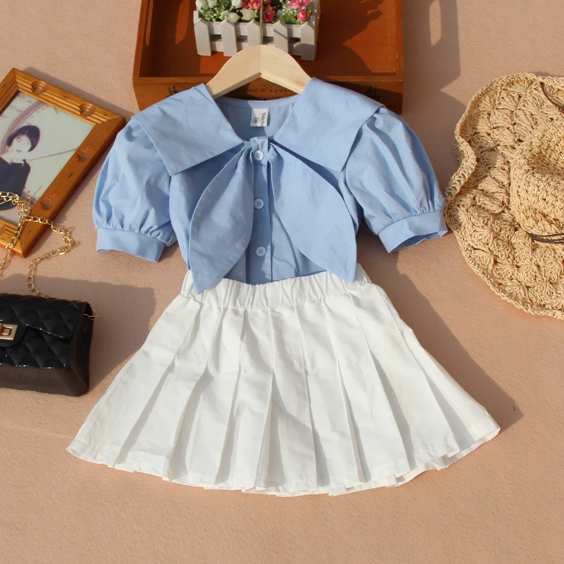 Summer White Shirts for Teenage Girls Fashion Children Puff Sleeve Tops Solid Color Blue Short Sleeve Blouses with Big Bow Tie