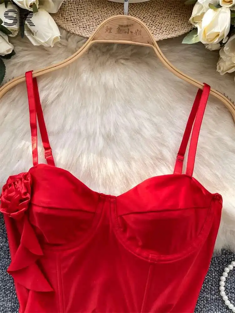 

BabYoung Senior 3D Flower Camis Sleeveless Strapless Design Camisoles French Style Women Streetwear Summer Vintage Sexy Tops