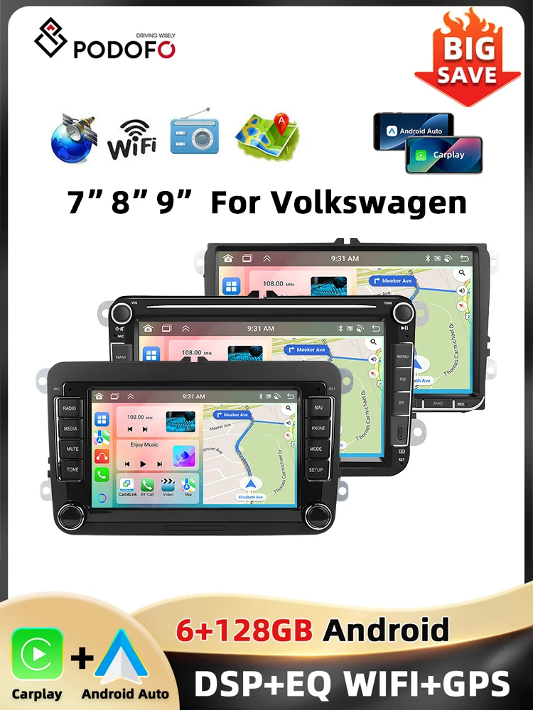 Podofo 6 + 128G 7 ''/8''/9 ''Autoradio voor VW/PASSAT/GOLF/POLO/BORA Multimedia Speler Android Auto Carplay WIFI GPS EQ Auto Audio - afbeelding 2