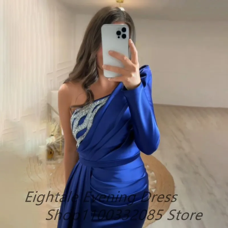 Royal Blue One Shoulder Beaded Long Sleeve Mermaid Evening Dress Long Luxury 2022 Sexy Side Slit Prom Dress Formal Party Gown