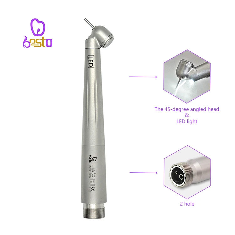 Dent al LED Handpiece ความเร็วสูง 45 องศา dent al ผ่าตัด Air Turbine สแตนเลส dent al Tip 2 หลุมสําหรับ Molar Region