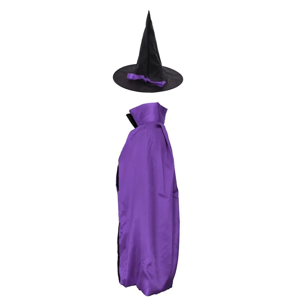 Halloween Cape Robe Satin Witch Cloak Reversible Costume with Cone Hat for Party Cosplay Adults Kids Outfit