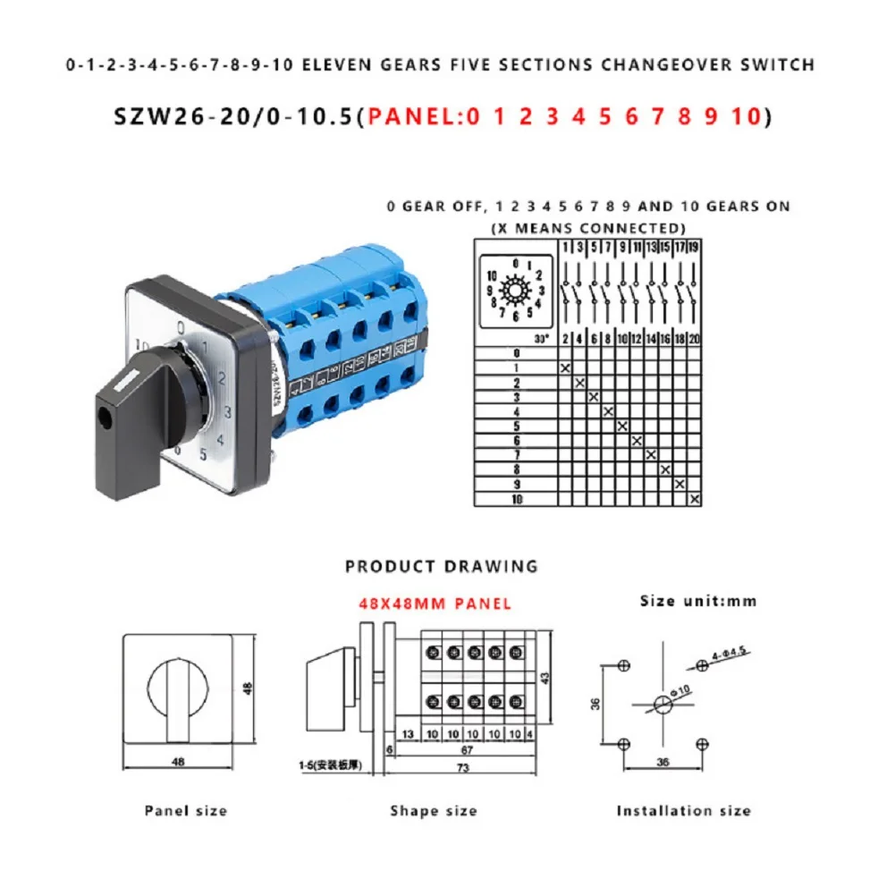 SZW26-20 11 Position 5 Section Rotary Changeover Switch 20A 440V AC For Multi Control Panel Electrical Equipment Supplies