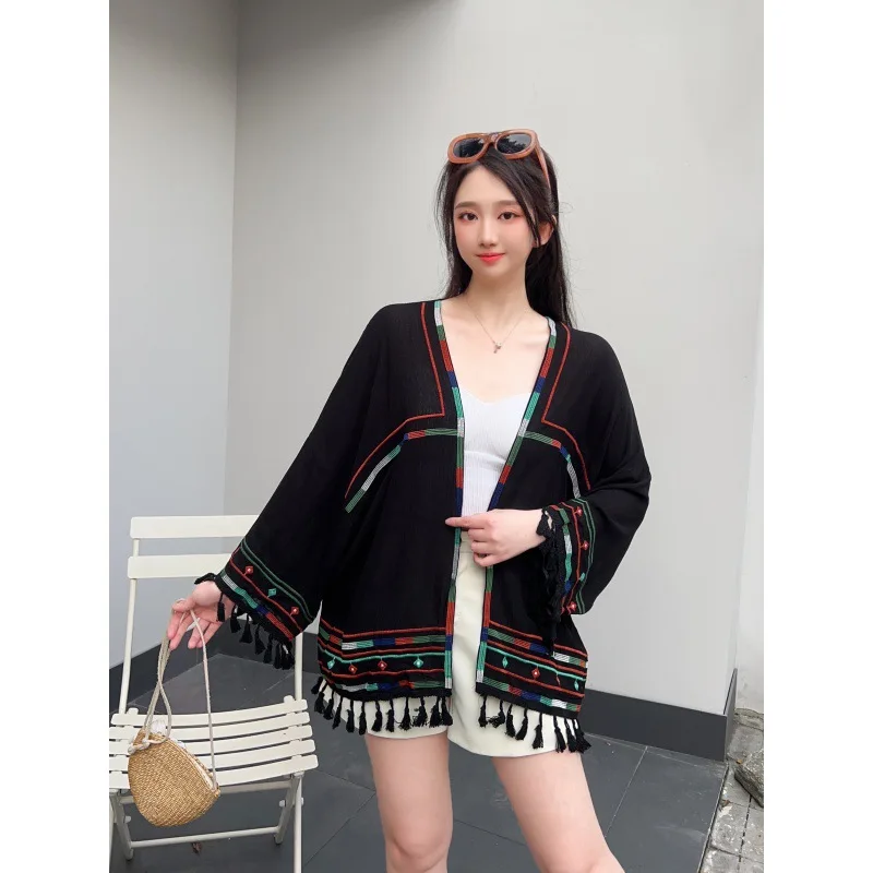 Spring and Summer Thin Cardigan Vintage Ethnic Style Sunscreen Tops Embroidered Tassel Cardigan Black White Available