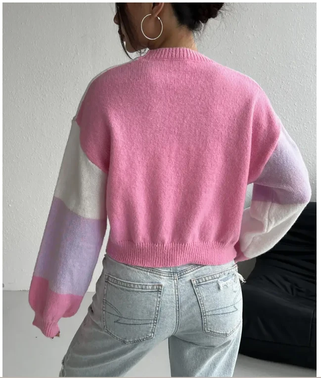Ladies Fashionable Comfortable Sweater Cardigan Dopaamine Color Blocking Lightweight Autumn Winter Items