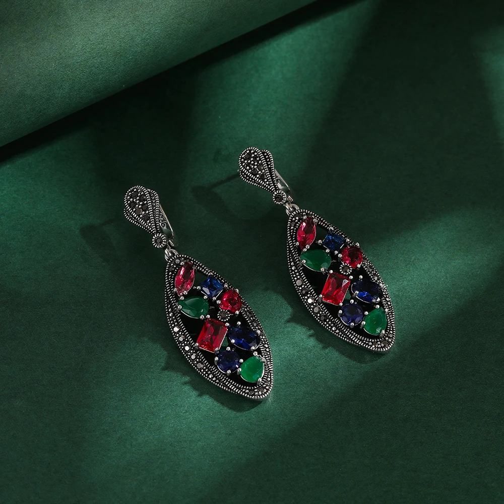 Ajojewel Silver-color Vintage Necklace Ring Earrings Large Jewelry Sets For Women With Green/Red/Colorful Crystals Gift
