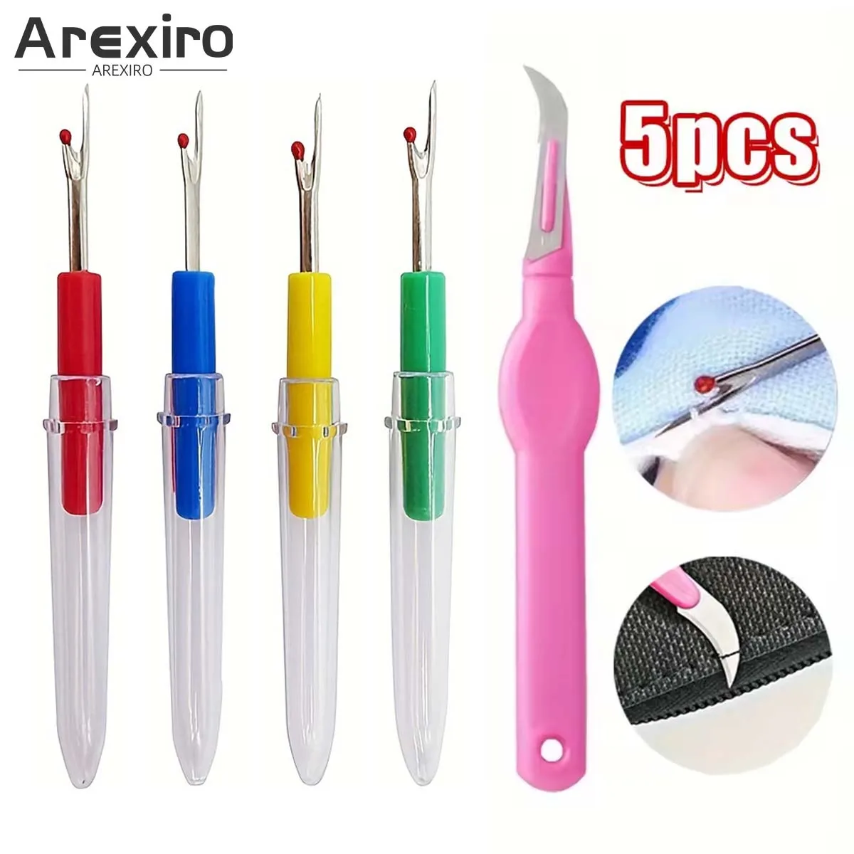 5Pcs Sewing Seam Ripper Tool Set, 4 Random Color Stitch Rippers + 1 Thread Cutter for DIY Fabric Hem Seam Removing