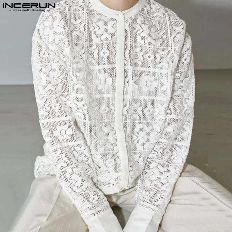 Incerun-Men's Lace Transparente Stand Collar Camisa, Roupas de Manga Comprida, Solto Streetwear Sexy, Moda Casual, S-5XL, 2024