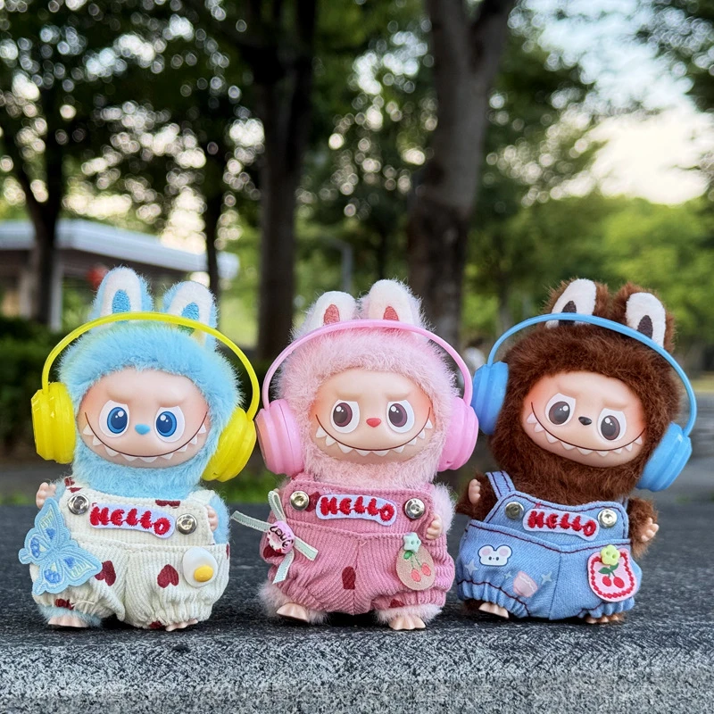 

Cartoon Hello Denim Overalls With Headphone Accessory Set Wearable For 10cm Mini 4th Gen Labubu 4.0 Doll Clothes