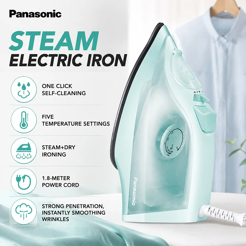 Panasonic Steam Iron 5 Temperature Settings Self Clean Function Dry and Steam Ironing 1.8m Power Cord Strong Penetration Instant