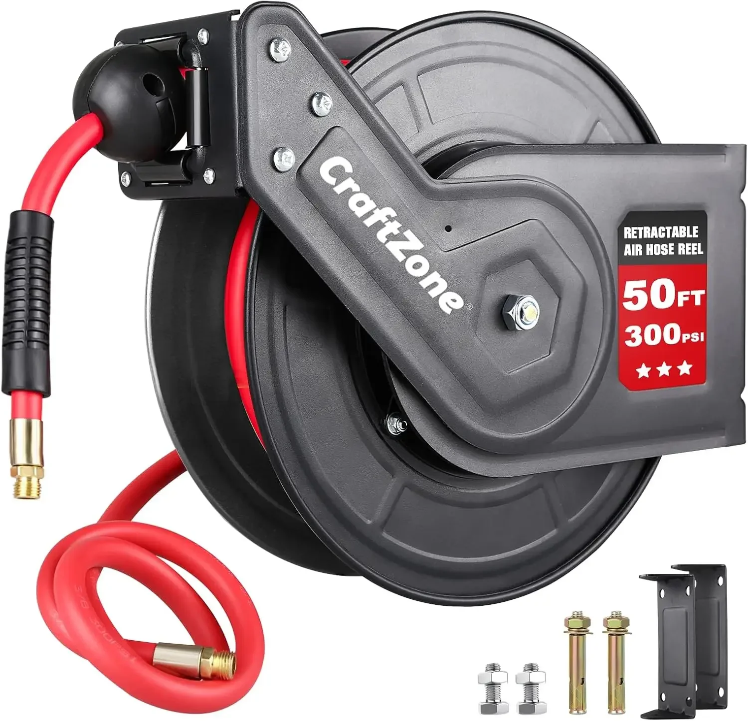 Retractable Air Hose Reel | Rewind 50 ft x 3/8 in Hybrid Air Hose Max 300PSI | Heavy Duty Air Compressor Hose Reel with Auto Rew