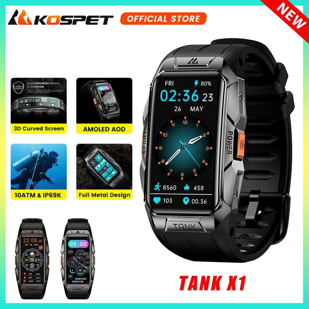 Original KOSPET TANK X1 Ultra Smartwatch Men 3D AMOLED AOD Bluetooth Bracelet IP69K 10ATM Waterproof Smart Watch Band for Women