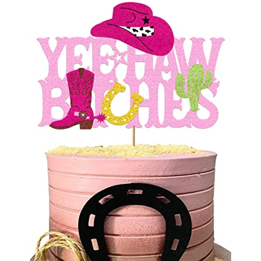 Yee Haw Cowgirl Cake Topper Western Decorations Glitter Pink Bachelorette Theme Cake Toppers Decorations for Girls Women Horse