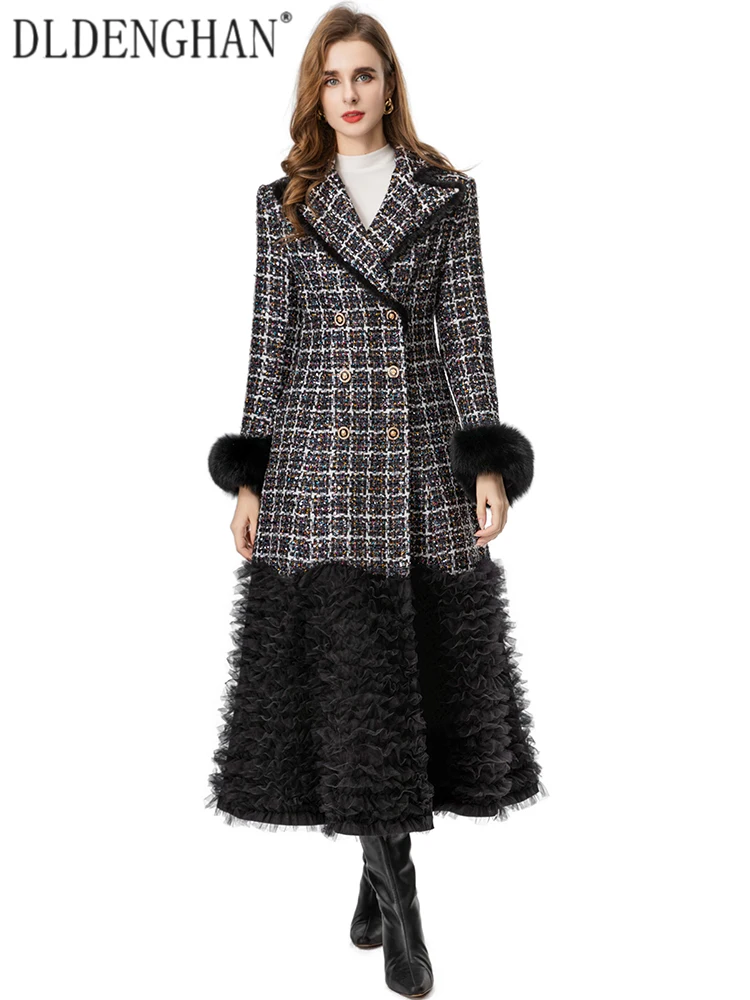 

DLDENGHAN женское двубортное твидовое пальто с пайетками, отложным воротником и перьями, верхняя одежда High Street Fashion