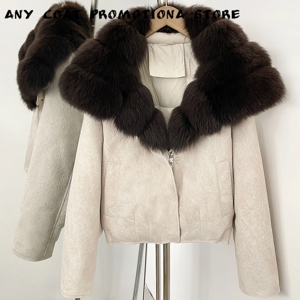 Women's Oversized Short Down Jacket Real Fox Fur Collar Coat Padded Warm Zipper Closure Cold Weather Winter Outerwear for Ladies