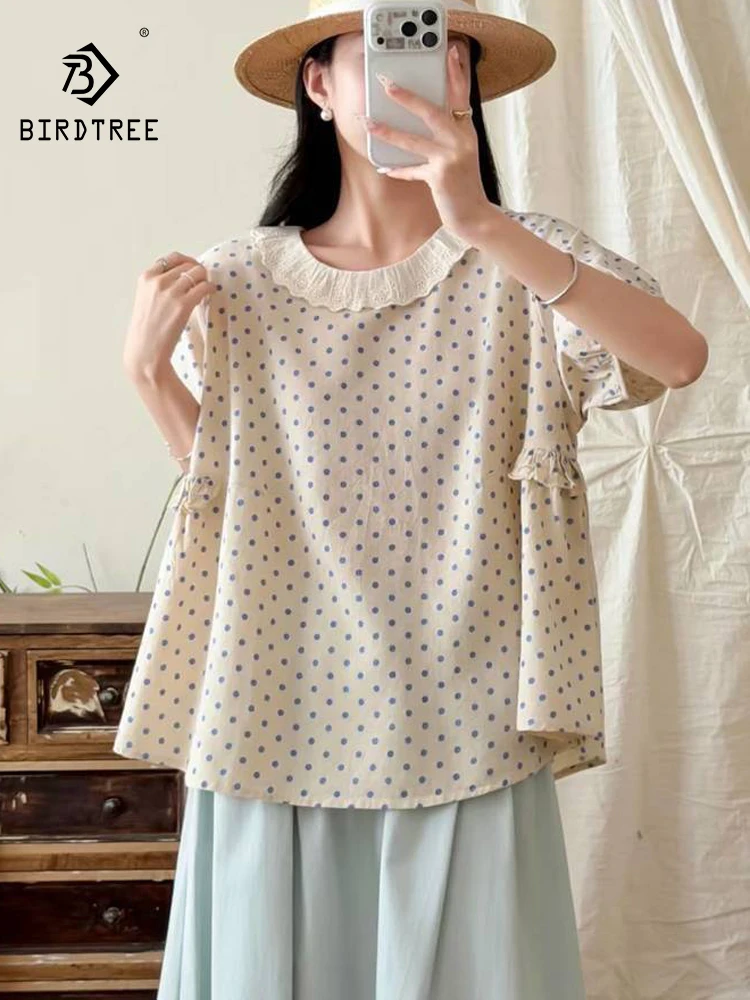 

New 2026 Summer Women Cotton Short Sleeve Shirt, Ruffled Dot Print Embroidery, Mori Girl Preppy Style Chic Loose Blouse T65551CC