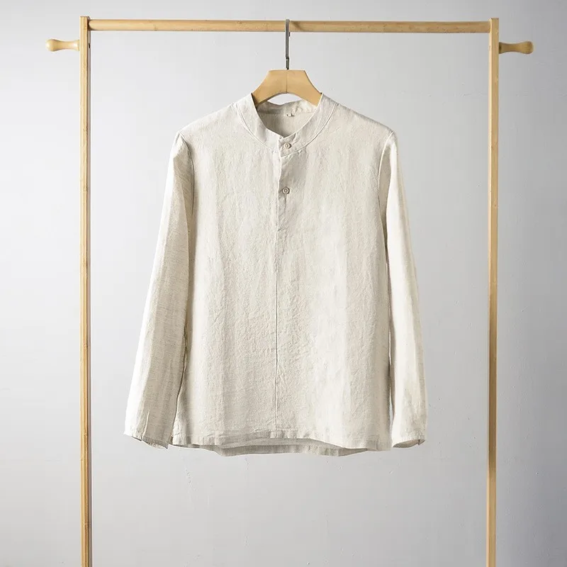 

Дышащая льняная мужская рубашка с длинным рукавом, воротником-стойкой, повседневная, удобная, легкая, летняя, модная, однотонная, для ношения под одеждой