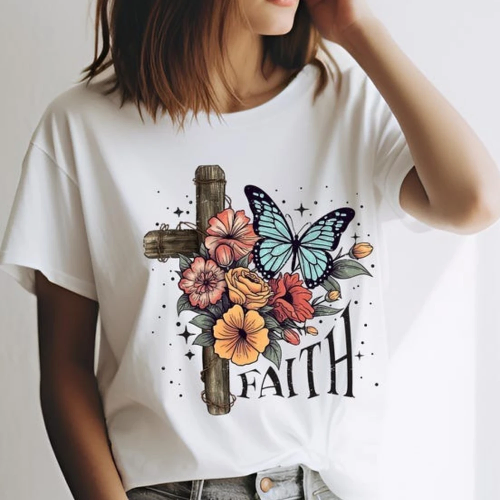 

Faith Butterfly Cross Shirt: Christian Floral Graphic Tees Comfortable Personality Women Unisex T Shirt O-neck Short-sleeve Tops