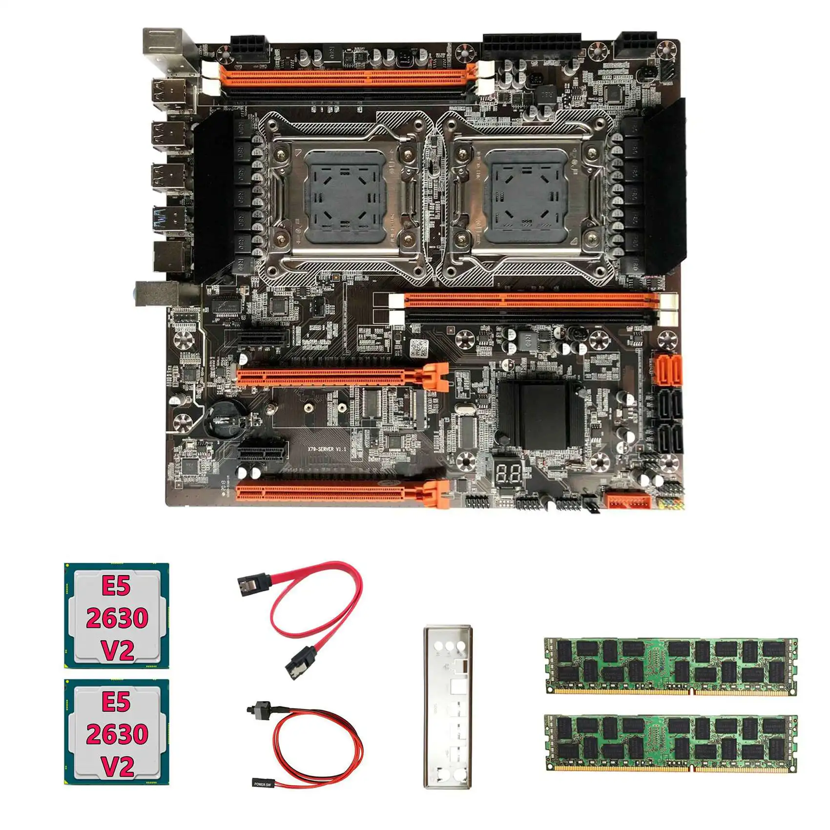 

X79 Dual CPU Motherboard+2XE5 2630 V2 CPU+2X4GB DDR3 1600Mhz RECC Ram+SATA Cable+Switch Cable+Baffle LGA2011 M.2 NVME