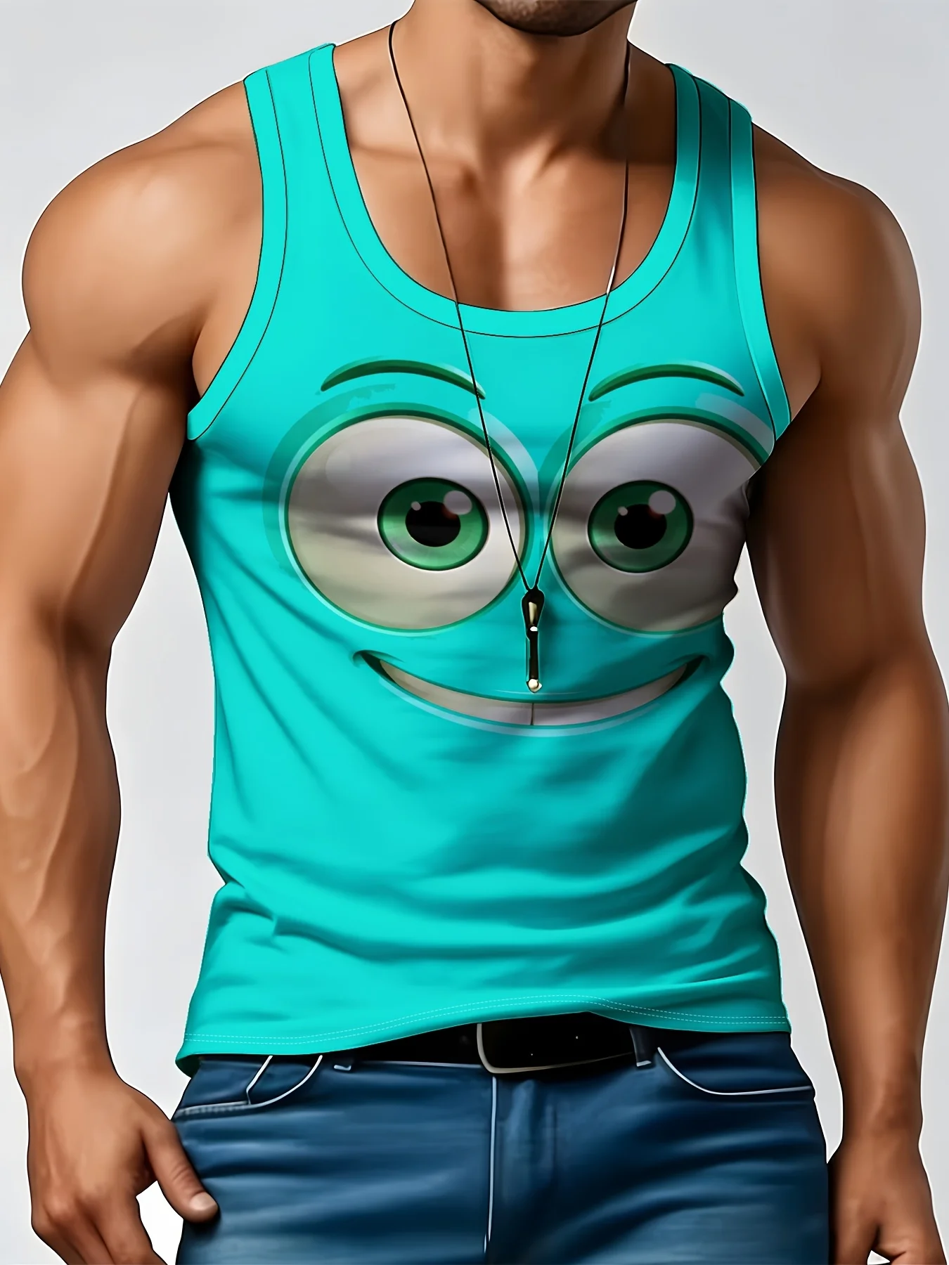 Men's Cute Big Cartoon Eyes Smile Face Graphic Tank Top, Orange Sleeveless Muscle Vest Summer Casual Workout Tank Shirt
