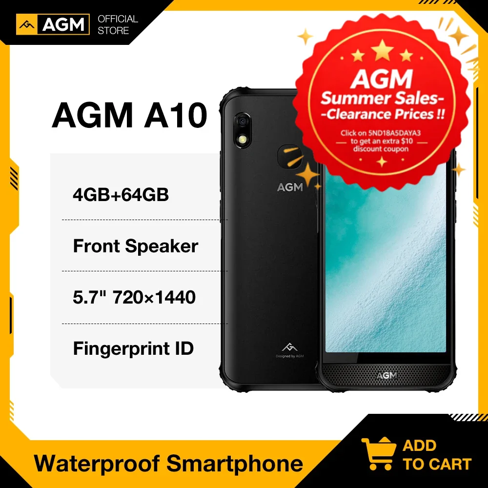 AGM A10 Rugged Smartphone 5.7 Inch 3/4GB+64G IP68 Waterproof Cellphone with Front Speaker and NFC