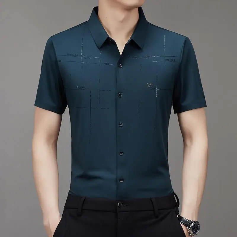 Men\'s Shirt Ice Silk Business Casual Shirt 2023 Summer New Men\'s Short Sleeve Shirt Scarless Shirt