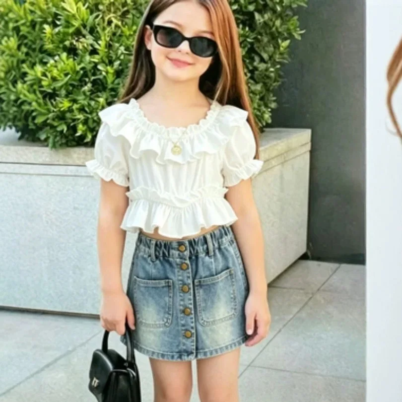 Girls' summer outfit set, stylish and fresh children's clothing, baby strawberry camisole vest, jeans two-piece set, summer
