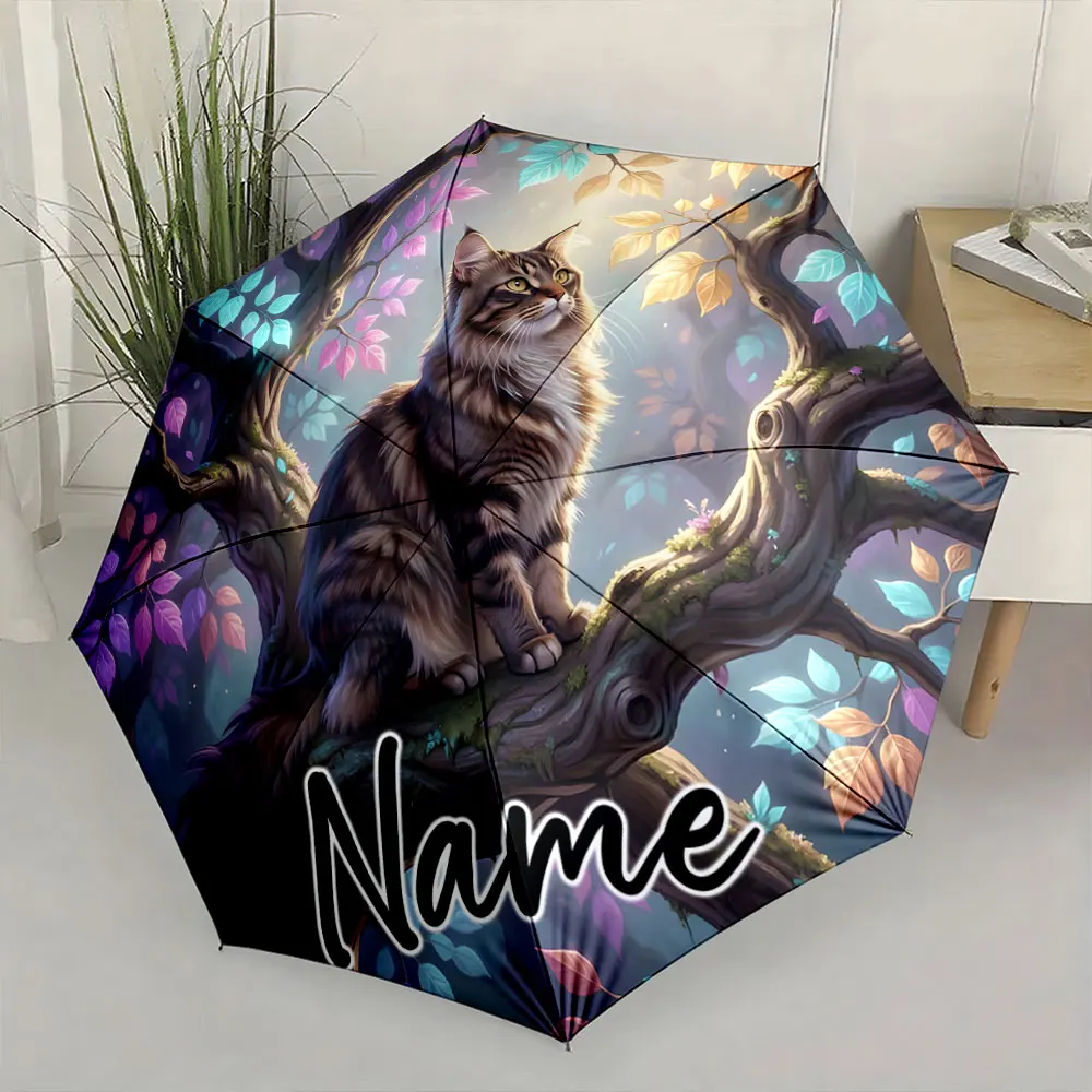 Custom Name Whimsical Cat in Enchanted Forest Umbrella Design Print 8 Iron Ribs Folding Umbrella Auto-Open Fashion Sunshade