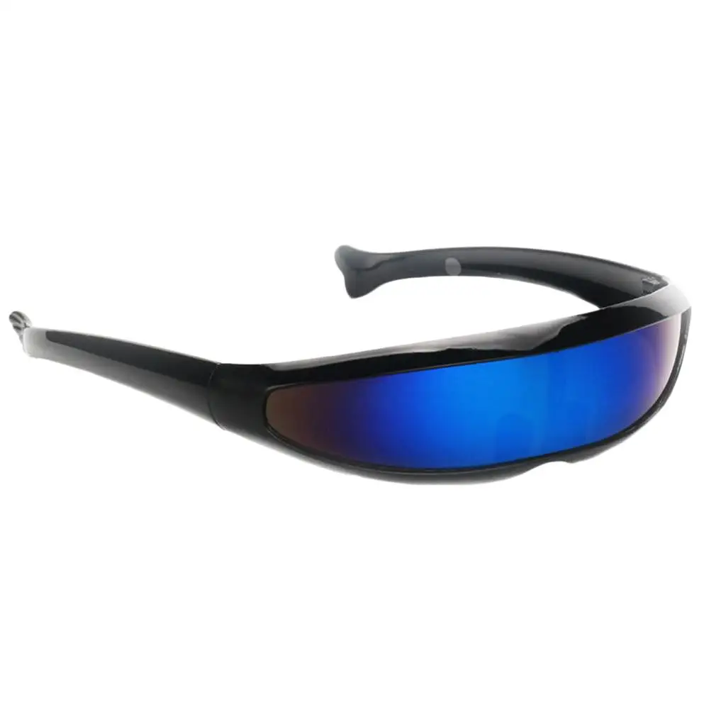 Visor Sunglasses with Futuristic Design , Black Frame Blue Mirrored, as described