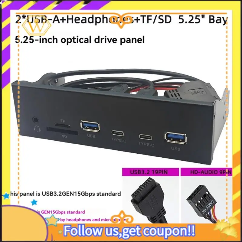 Latest-USB Front Panel For PC 2 X USB 3.2 GEN1 5Gbps + 2 X TYPE-C Hub + 3.5Mm Headset+ TF/SD Slot For 5.25Inch Floppy Drive Bay