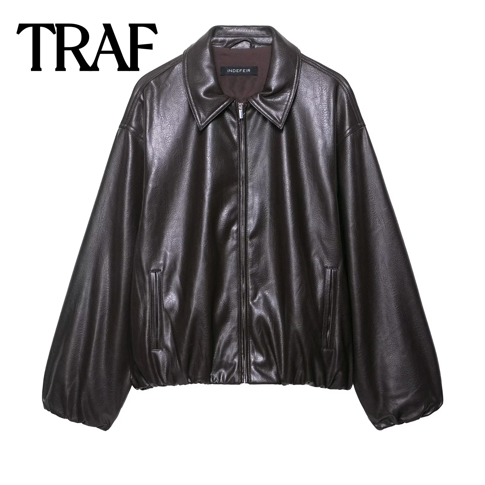 

TRAF pocket trimmed lapel women's autumn new 2025 long sleeved retro versatile faux leather pilot jacket