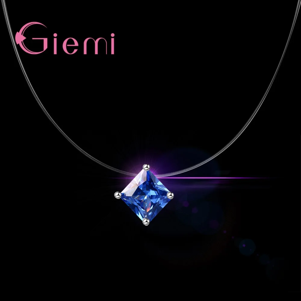 Pure 925 Sterling Silver Simple Crystals Pendant Necklace with Fishing Line Chains Fashion Women Girls Christmas Gifts