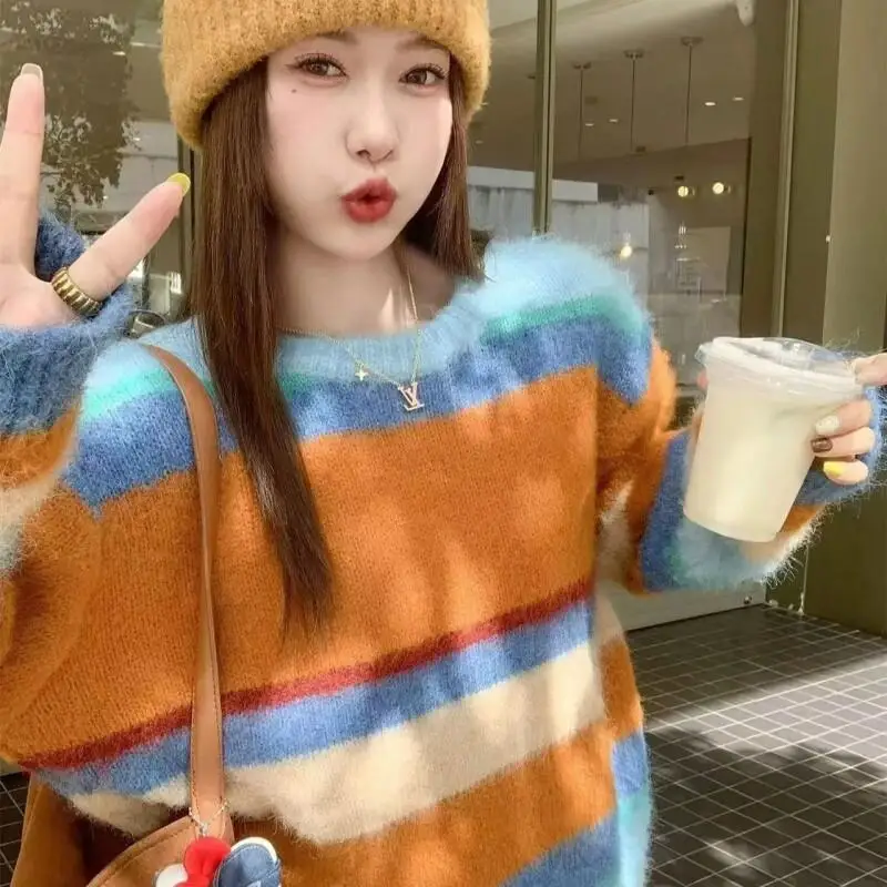 

2025 Age Reduction Color Dopamine Colorful Stripe Round Neck Long Sleeve Rainbow Sweater Loose Lazy Knitted Top Fashion Homewear