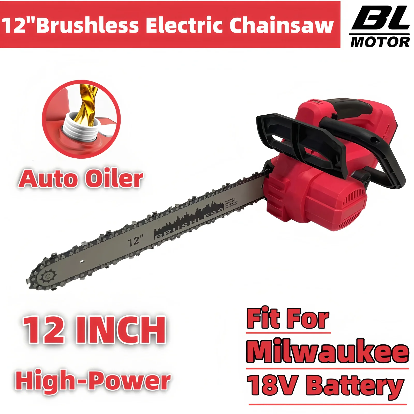 12 Inch Brushless Chain Saw High-power Auto Oiler Electric Chainsaw Safety Wood Cutting Power Tools For Milwaukee 18V Battery