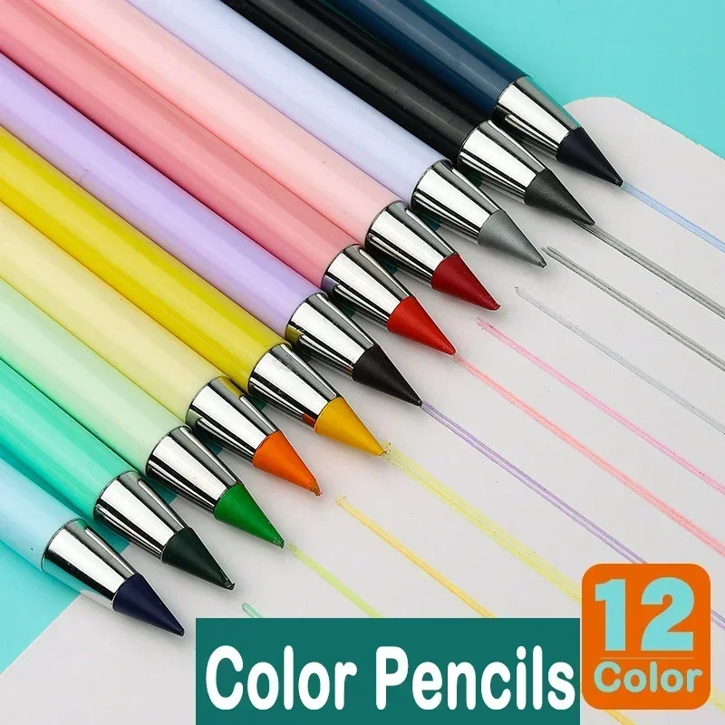 Ensemble de crayons infini multicolores, 12 pièces, sans encre, avec gomme, papeterie scolaire, stylos à dessin, fournitures d'art