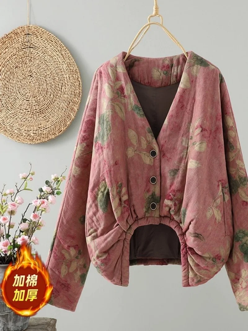 2025 جديد خريف جديد خمر القطن والقنب مطبوعة جديد النمط الصيني الخفافيش كم سترة قطن معطف مبطن فضفاض W997 #4