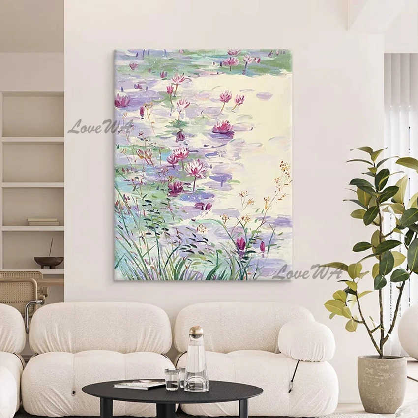 

Высокое качество, картина маслом с современным абстрактным цветком лотоса, настенная картина для гостиной, акриловое искусство на холсте, украшение для дома, без рамы