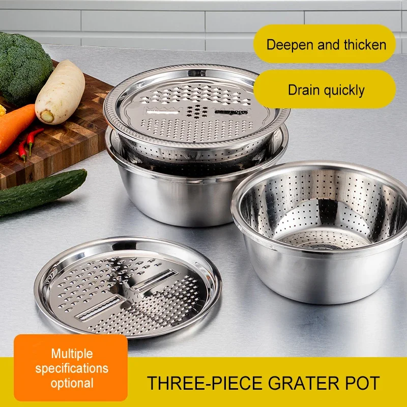 

3PCS Multifunctional Stainless Steel Kitchen Graters Vegetable Slicer Vegetable Cutter Drain Basket Set Drain Basin for Fruit