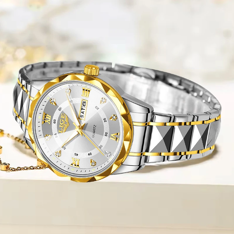 ساعة LIGE النسائية من أفضل العلامات التجارية الفاخرة المستديرة المصنوعة من الفولاذ المقاوم للصدأ مقاومة للماء للنساء، ساعة يد كوارتز بسيطة هدية للسيدات #2