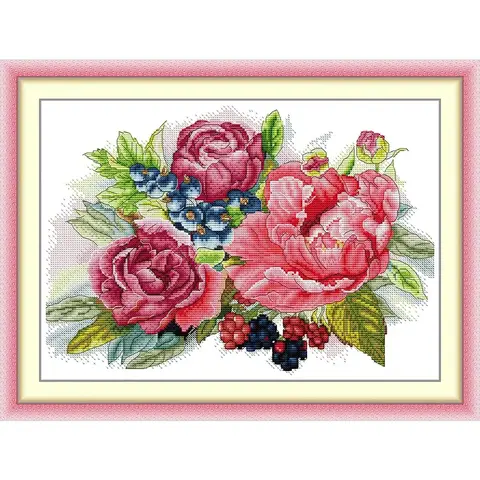 Soulgift News Pre-Printed Cross Stitch Kit, Stamped Aida Fabric with DMC Threads, Embroidery kit - Flowers & Berries