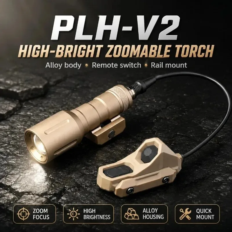 Multi‑Brightness Mode PLH‑V2 Torch, Rail‑Fit Flashlight with Mouse Tail Switch, Hobby Collection Supplies