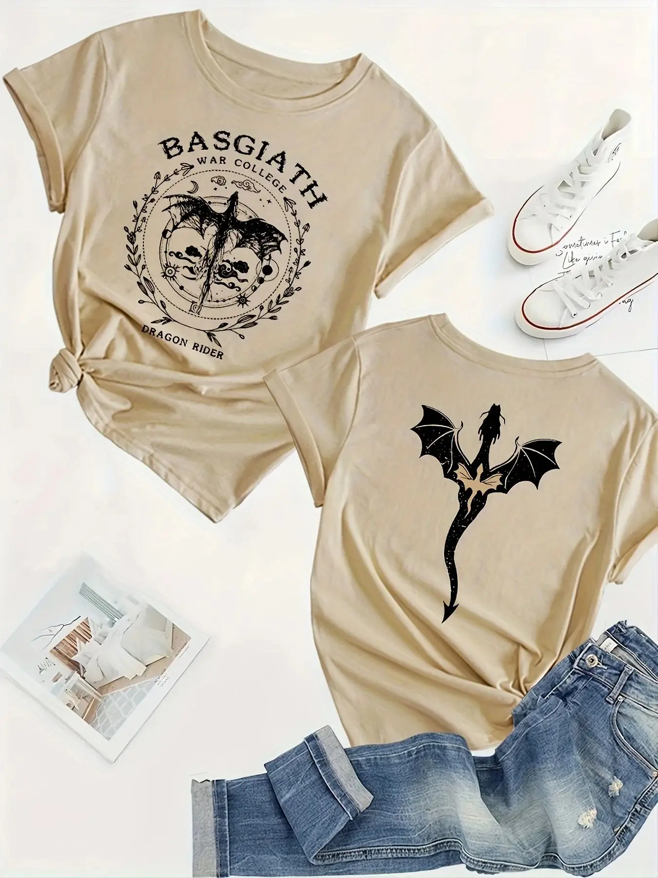 Y2k Tops Basgiath War College Dragon Rider Print Cotton Tee Fourth Wing Graphic T Shirts Casual Loose Beige Streetwear Unisex