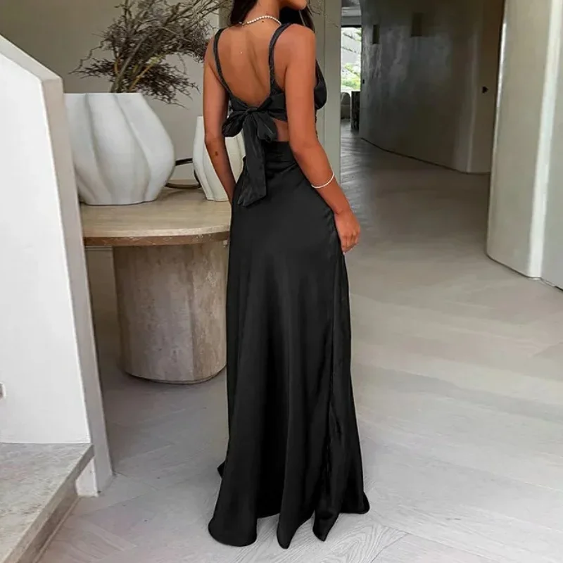 Abito sexy scollato per le donne Abiti lunghi vintage in raso con scollo a V senza maniche a vita alta 2025 Nuovo abito da sera per feste