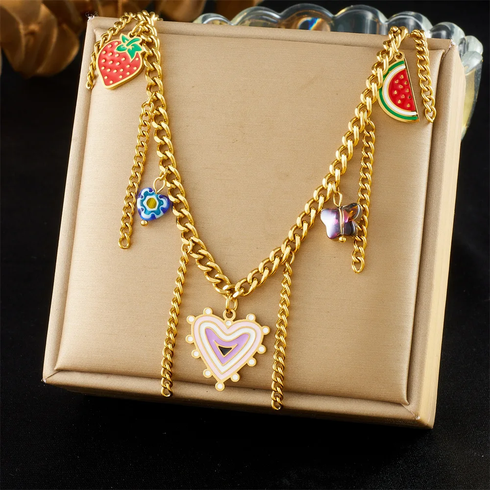 

New Fashion Multi-layer Contrast love Dripping Fruit Strawberry Watermelon Retro Print Peach Heart Tassel Jewelry Necklaces